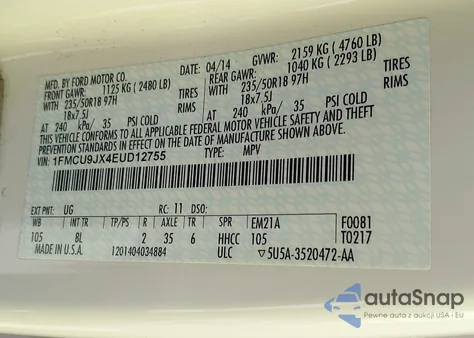 2014 Ford Escape Titanium from USA, damaged, VIN 1FMCU9JX4EUD12755